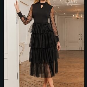 Elegant Black Tiered Midi Dress